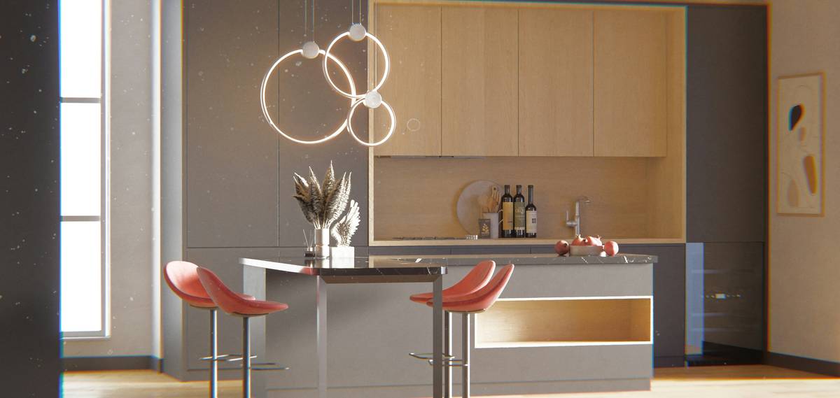 Diagram showing three layers of home lighting: ambient (ceiling), task (under-cabinet), and accent (signage/backlighting)