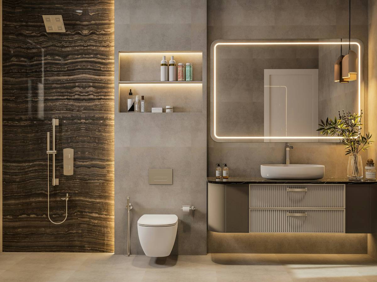 Diagram showing IP44-rated lighting zones in a bathroom, with mirror placement recommendations near sink area