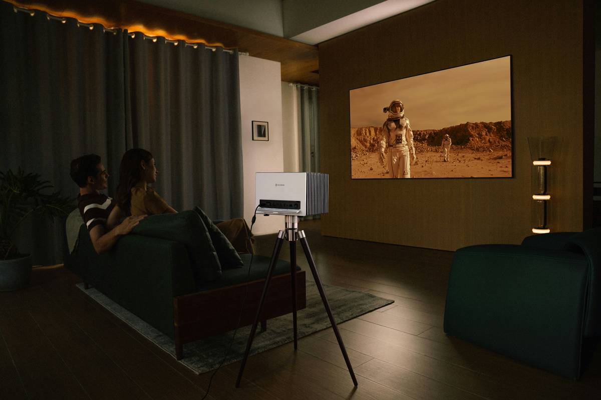 High-tech mirror running digital signage services for entertainment in a luxury home theater lounge